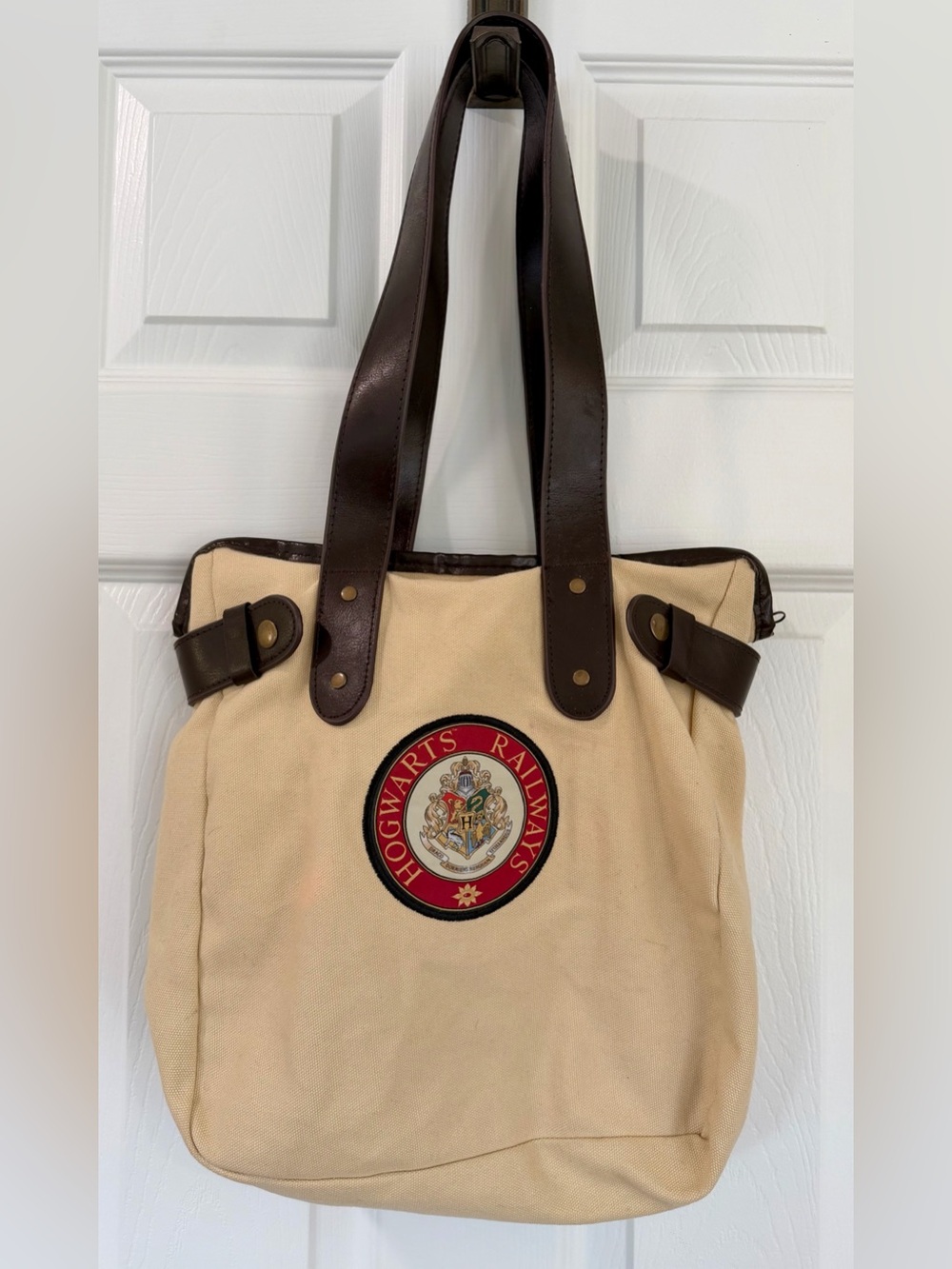 Harry Potter Hogwarts Railways Canvas Tote Genuine Leather Trim Dark Academia